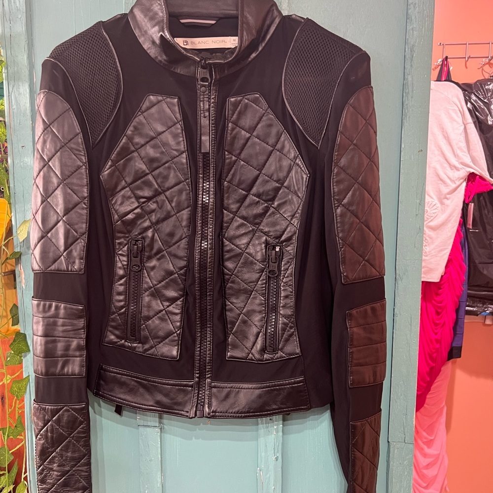 Blanc Noir Black Leather Jacket with Quilted Design